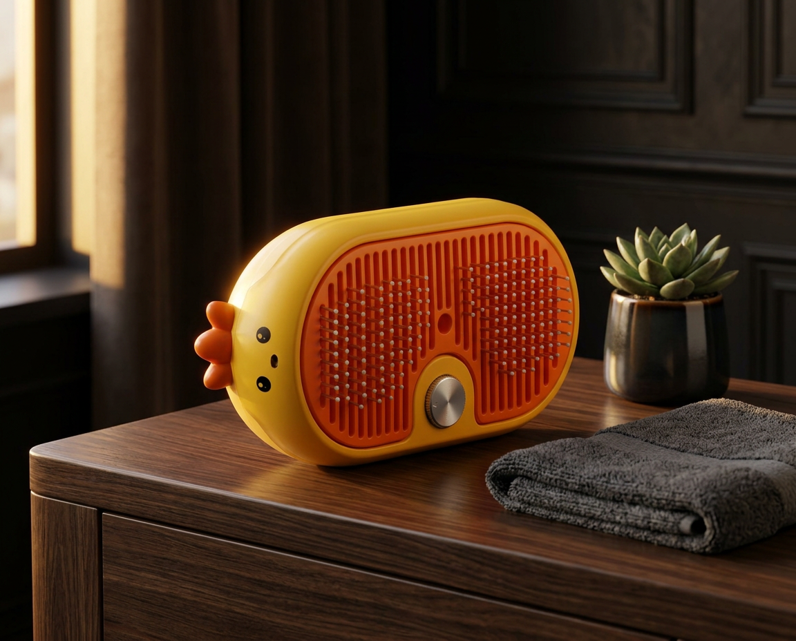 FurEase brush resting on a wooden console in a warm home setting