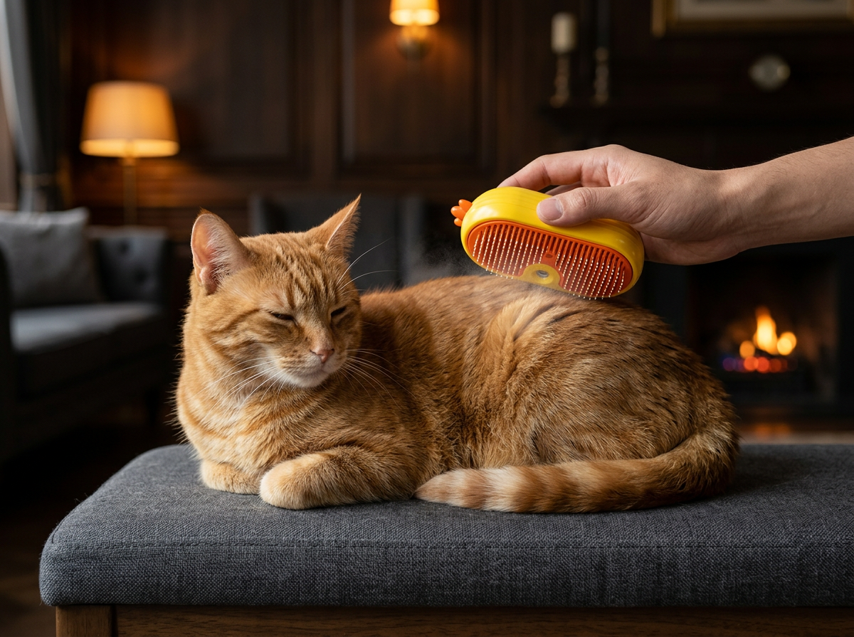Milo the ginger cat relaxing while being gently groomed with FurEase