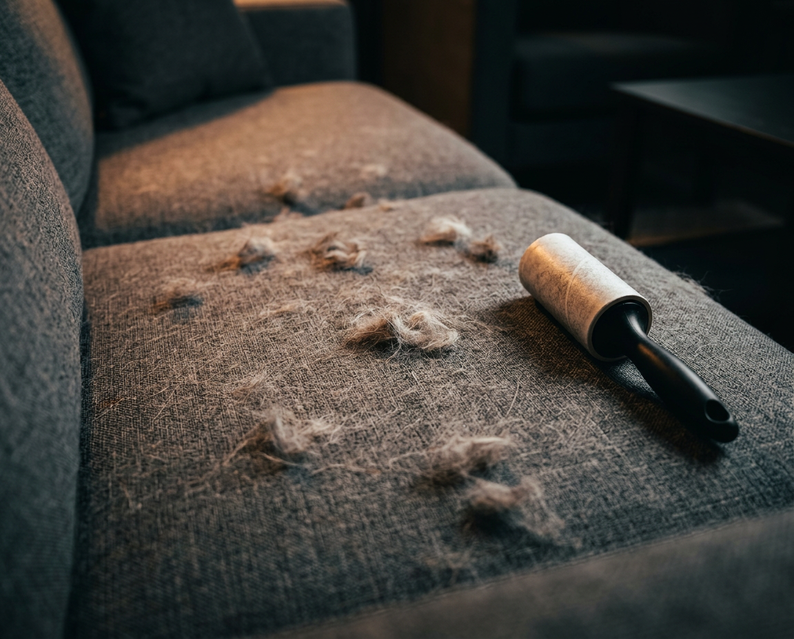 Loose pet fur covering a sofa cushion beside a lint roller