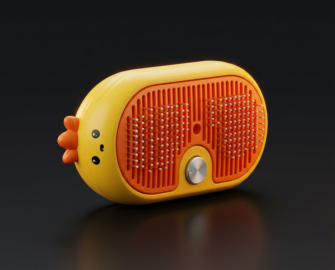 Studio photograph of the yellow and orange FurEase Steam Grooming Brush
