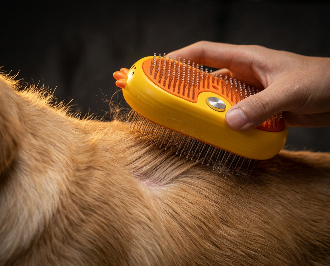 Close-up of the FurEase brush gliding through Teddy's coat